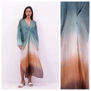 NWT. Massimo Dutti Turquoise Ombré Ramie Pleated Tunic Dress. Size M.